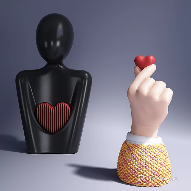 Black Humanoid Sculpture With Red Striped Heart And Hand Holding Red Heart With Knitted Sleeve 3d model 