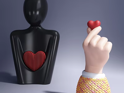 Black Humanoid Sculpture With Red Striped Heart And Hand Holding Red Heart With Knitted Sleeve 3d model