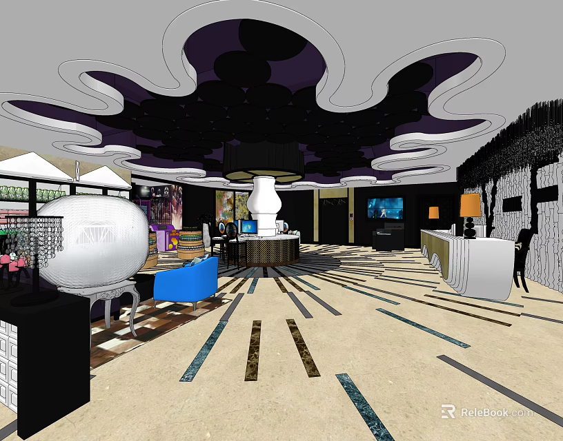 KTV Modern Interior With Colorful Lighting Curved Ceiling Sofa Seating And Bar Counter 3d model 