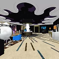 KTV Modern Interior With Colorful Lighting Curved Ceiling Sofa Seating And Bar Counter