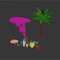 Green Ornamental Shrubs Palm Tree and Various Plants with Orange Fruits White Pots and Succulents
