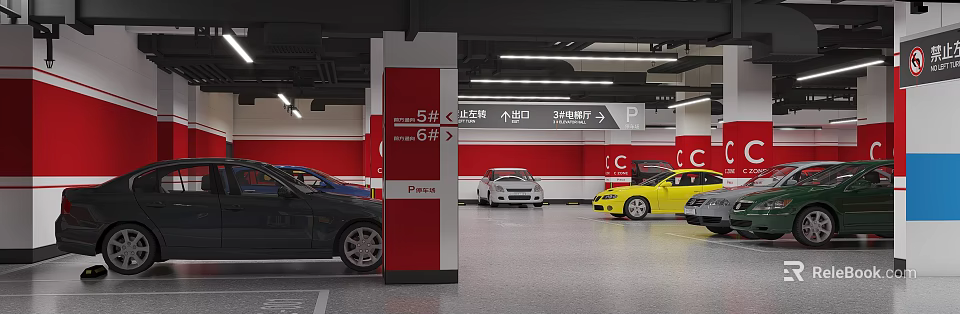 Parking Garage Interior With Red Walls Entrance Exit Signs Left Turn Arrows And Parked Cars 3d model 