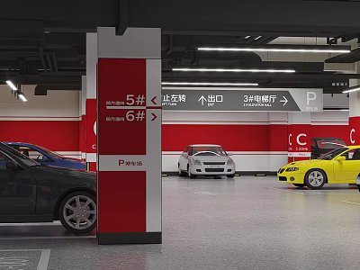 Parking Garage Interior With Red Walls Entrance Exit Signs Left Turn Arrows And Parked Cars 3d model