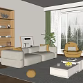 Modern Living Room Interior Design With Beige Sofa Yellow Armchair Bookshelf Plant And Coffee Table