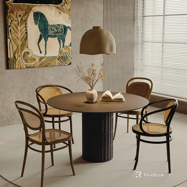 Modern Round Dining Table Set With Rattan Chairs Ceiling Lamp Wall Art And Window Blinds 3d model 