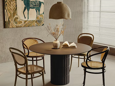 Modern Round Dining Table Set With Rattan Chairs Ceiling Lamp Wall Art And Window Blinds 3d model