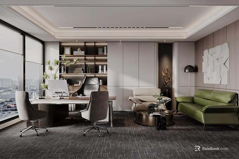 Modern Office Interior Design Featuring Large Windows Desk Computer Bookshelf Green Sofa And Chairs 3d model