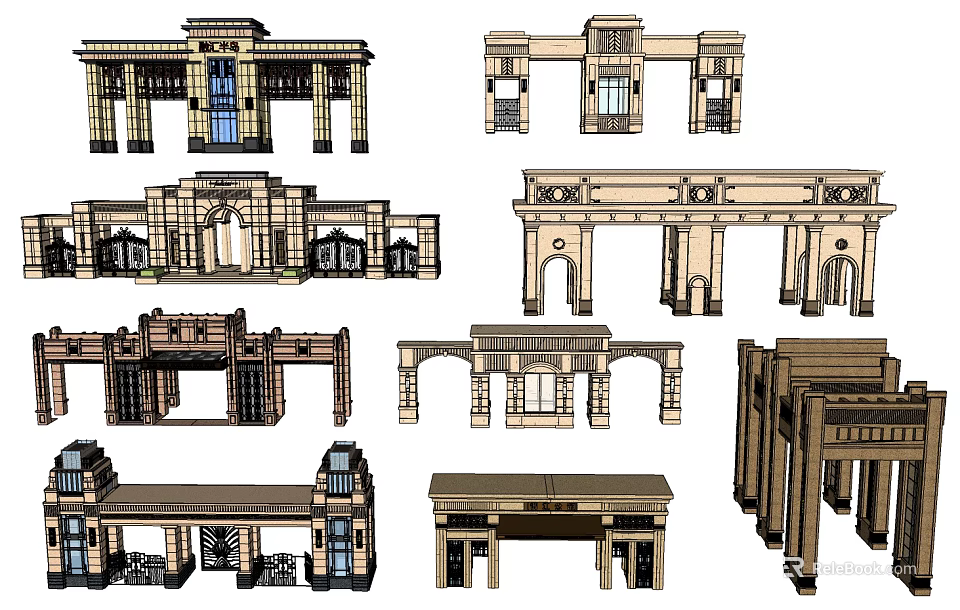 Various Architectural Entrance Gate Designs With Ornate Details And Classic Styles 3d model 