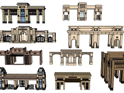 Various Architectural Entrance Gate Designs With Ornate Details And Classic Styles 3d model