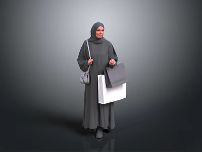 Muslim Woman In Gray Robe And Hijab Carrying Shopping Bags With Daily Household Essentials 3d model