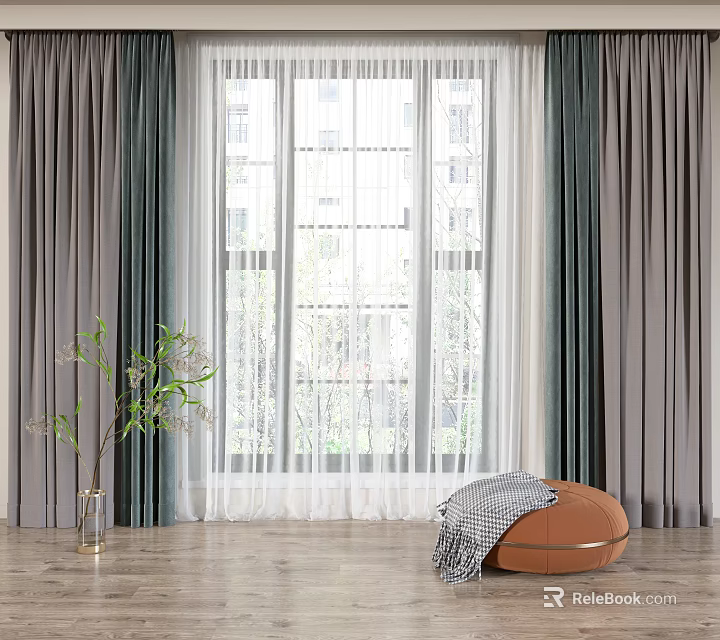 Layered Gray Green and White Curtains by Window with Indoor Plant and Footstool 3d model 