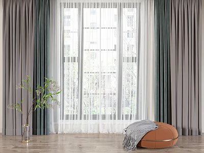Layered Gray Green and White Curtains by Window with Indoor Plant and Footstool 3d model