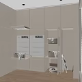 Light-toned Modern Kitchen Interior With White Cabinets Double-door Appliances Open Storage And Wooden Flooring