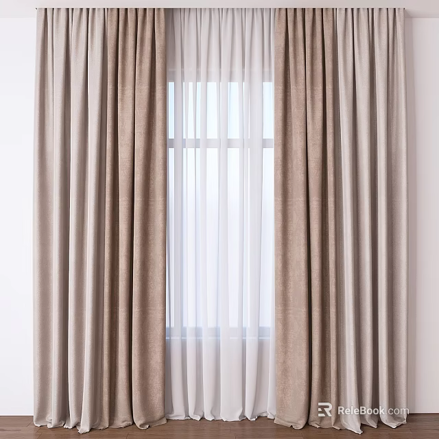 Beige Textured Curtains with Sheer Inner Layer for Window in Modern Room 3d model 
