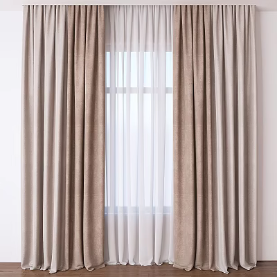 Beige Textured Curtains with Sheer Inner Layer for Window in Modern Room 3d model