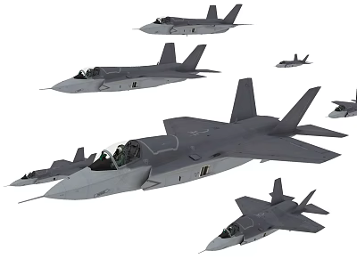 Multiple Gray Military Fighter Jets Flying in Formation in Mid Air 3d model