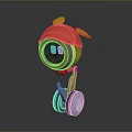 Cartoon Robot Character with Red Hat Round Orange Body Blue Eyes and Wheel Base