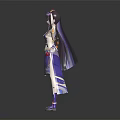 3D Anime Character In Standing Pose With Purple Hair Blue Kimono And Dragon Pattern