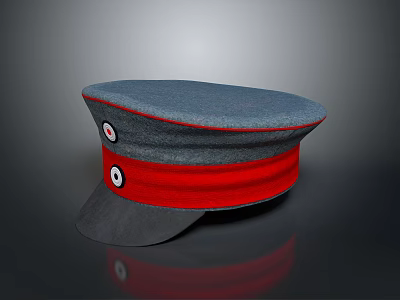 Gray Military Style Cap With Red Band And Round Badges 3d model