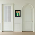 White Swing Doors With Glass Grid and Solid Design Golden Handles on Wall and Painting