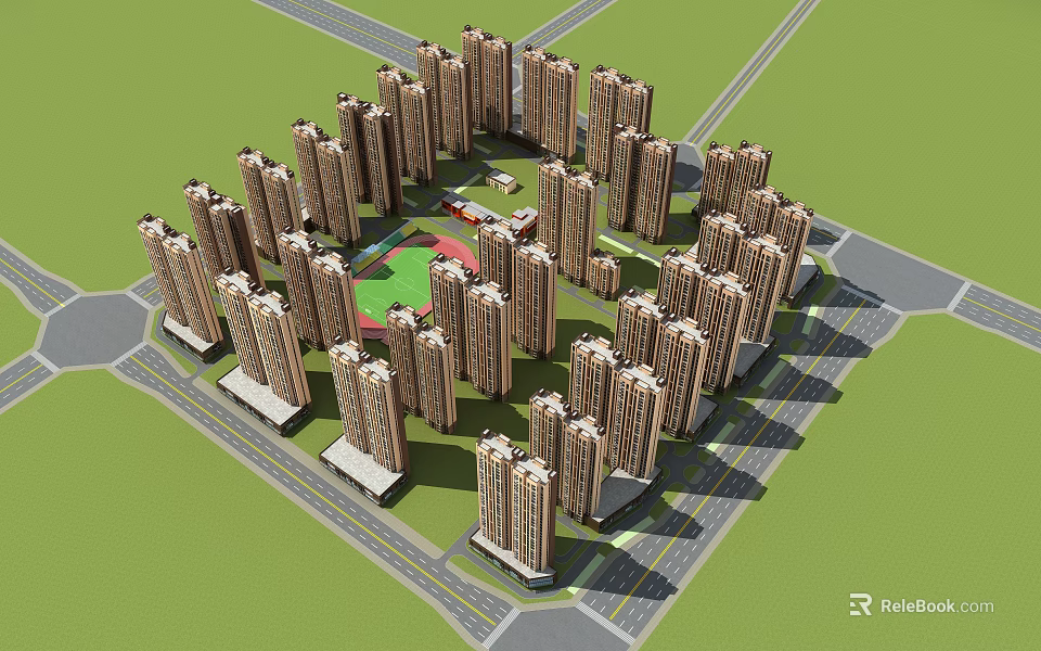 Modern Residential Buildings Featuring Circular Layout Central Green Space And Surrounding Roads 3d model 