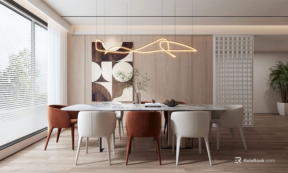 Modern Restaurant Interior With Round Dining Table Pendant Lights And Wooden Walls 3d model 