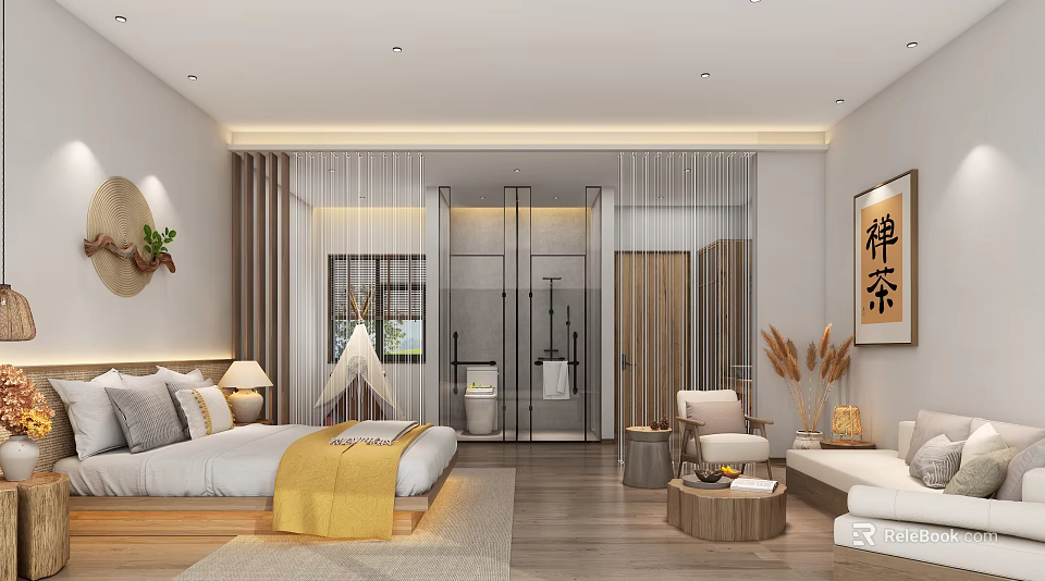 Serene Hotel Guest Room Interior With Wooden Floor Sofa Bed And Zen Tea Decor 3d model 