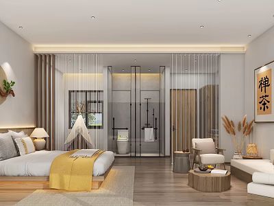 Serene Hotel Guest Room Interior With Wooden Floor Sofa Bed And Zen Tea Decor 3d model