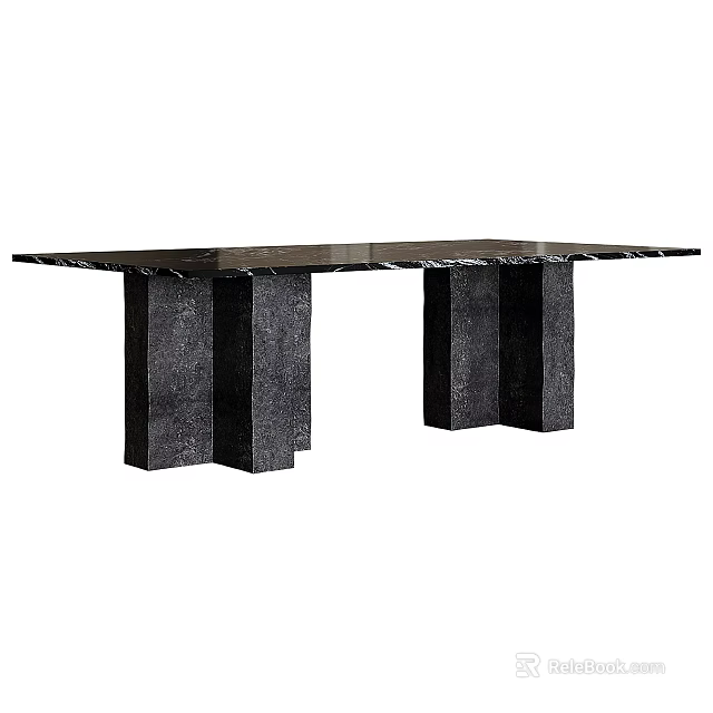 Modern Black Marble Dining Table With Textured Square Legs And Rectangular Glossy Top 3d model