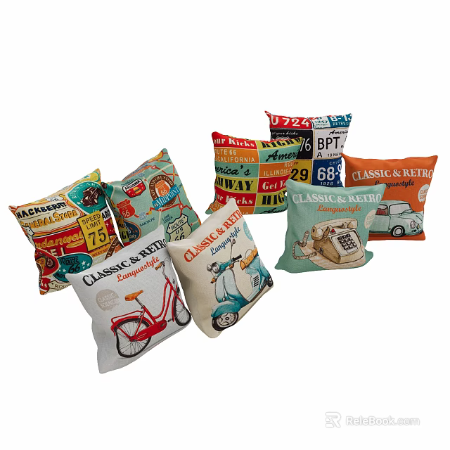 Classic Retro Throw Pillows with Vintage Bicycle Truck and Number Patterns 3d model