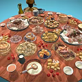 Assorted Delicious Foods on Round Wooden Table with Meats Fruits Pastries Sauces and Golden Teapot