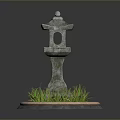Japanese Stone Lantern Garden Decor With Circular Base And Green Grass