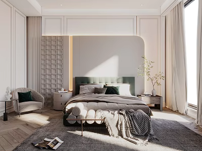 Elegant Modern Bedroom Interior Design With Plush Bed Green Headboard Rug And Natural Light 3d model