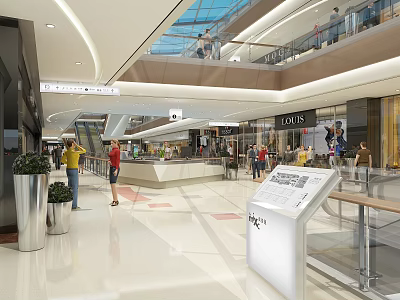 Modern Shopping Mall Lobby Interior With Glass Skylight Escalators And Information Kiosk 3d model