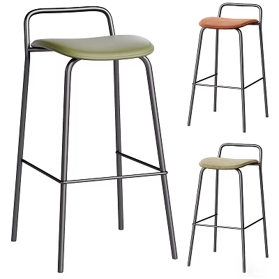 Modern Bar Stools With Metal Frame And Green Beige Seats In Various Angles 3d model