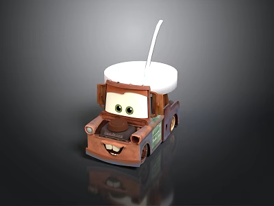 Cartoon Car With Smiling Face Eyes Brown Body And White Cup With Straw on Top 3d model