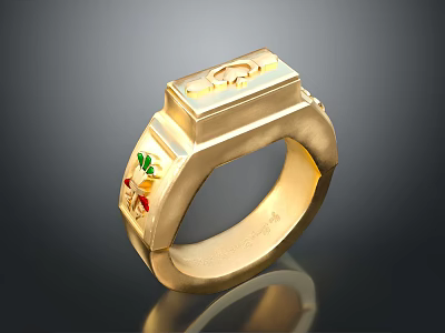 Exquisite Gold Men's Ring with Square Top Carved Pattern and Colorful Enamel Accents 3d model