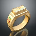 Exquisite Gold Men's Ring with Square Top Carved Pattern and Colorful Enamel Accents