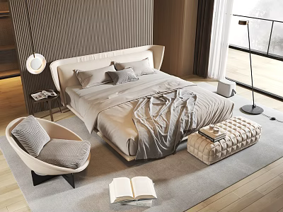 Modern Double Bed with Upholstered Headboard Gray Bedding Accent Chair Footstool and Wooden Floor 3d model