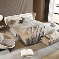Modern Double Bed with Upholstered Headboard Gray Bedding Accent Chair Footstool and Wooden Floor