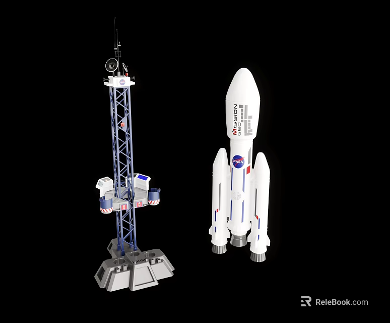White NASA Rocket Model With Detailed Launch Tower And Structure 3d model