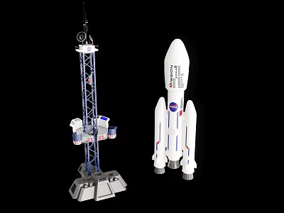 White NASA Rocket Model With Detailed Launch Tower And Structure 3d model