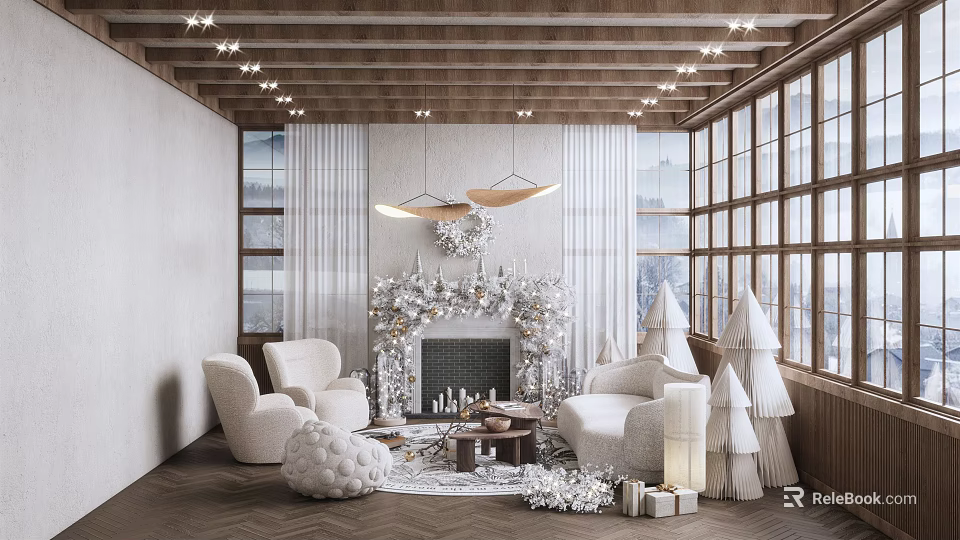 Cozy Christmas Living Room Interior With White Armchairs Wooden Ceiling Large Windows And Fireplace 3d model 