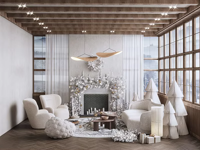 Cozy Christmas Living Room Interior With White Armchairs Wooden Ceiling Large Windows And Fireplace 3d model