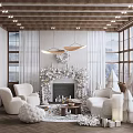 Cozy Christmas Living Room Interior With White Armchairs Wooden Ceiling Large Windows And Fireplace