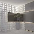 Modern Background Wall Design With Geometric Grid Lighting Concrete Pedestal And Decorative Plant