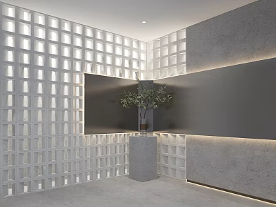 Modern Background Wall Design With Geometric Grid Lighting Concrete Pedestal And Decorative Plant 3d model