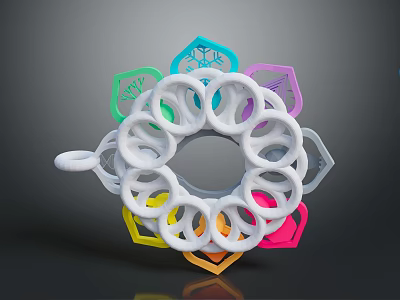 Colorful Ring Shaped Household Item With Multi Colored Petals And White Loops 3d model