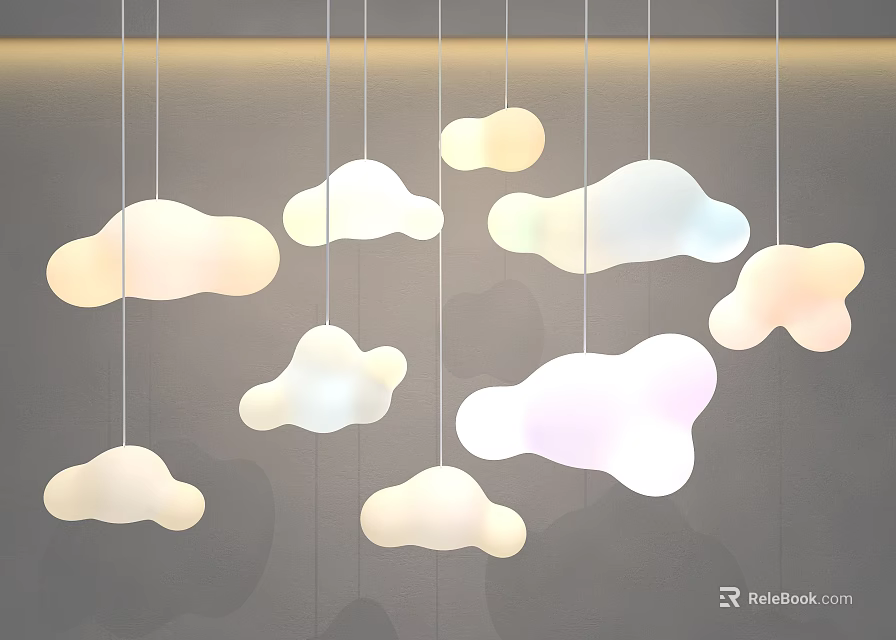 Cloud Shaped Unique Pendant Lights Hanging With Soft Glow On Gray Wall 3d model 