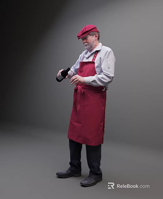 Man Wearing Red Cap In White Shirt And Red Apron Holding Black Bottle 3d model 